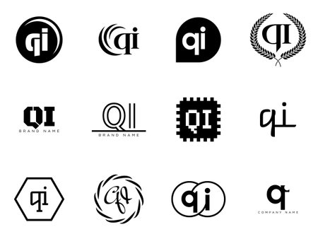 QI logo company template. Letter q and i logotype. Set different classic serif lettering and modern bold text with design elements. Initial font typography. Collection trendy business identity.のイラスト素材