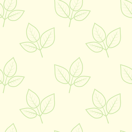 Elegant, minimalist seamless pattern featuring delicate pale green leaves on a soft yellow background.のイラスト素材