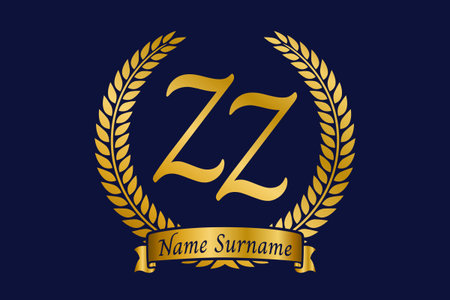 Initial letter Z and Z, ZZ monogram logo design with laurel wreath. Luxury golden emblem with calligraphy font.のイラスト素材
