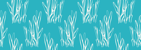 Seamless teal pattern of stylized white plants, reminiscent of coral or reeds.  Perfect for textile design, wallpaper, or website backgrounds. Evokes serenity, nature, and organic growth.のイラスト素材