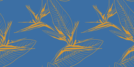 Elegant bird of paradise flower pattern in gold on a blue background.  Perfect for textile design, wallpaper, or branding projects.のイラスト素材