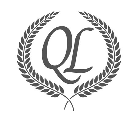 Initial letter Q and L, QL monogram logo design with laurel wreath. Luxury emblem with calligraphy font.のイラスト素材