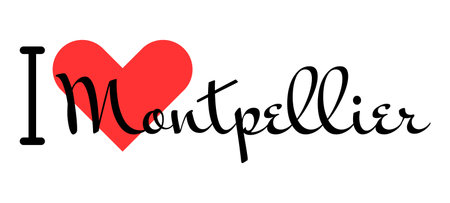 I love Montpellier, city of France. Hand drawn letters with red heart. Vector illustration lettering, modern design for print t shirt, banner, poster, sticker or label.のイラスト素材