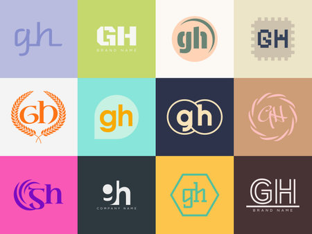GH logo company template. Letter g and h logotype. Set different classic serif lettering and modern bold text with design elements. Initial font typography. Collection trendy business identity.のイラスト素材