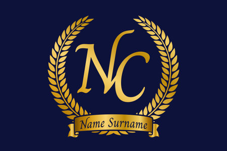 Initial letter N and C, NC monogram logo design with laurel wreath. Luxury golden emblem with calligraphy font.のイラスト素材