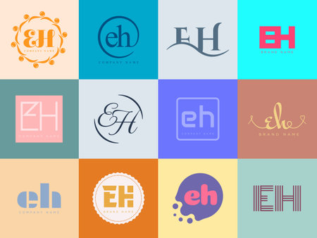 EH logo company template. Letter e and h logotype. Set different classic serif lettering and modern bold text with design elements. Initial font typography. Collection trendy business identity.のイラスト素材