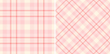 Soft pink plaid textures set. Seamless patterns in regular and diagonal weaves, perfect for backgrounds, textiles, and design projects needing a gentle, classic touch.のイラスト素材