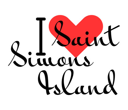 I love Saint Simons Island, city of United States. Hand drawn letters with red heart. Vector illustration lettering, modern design for print t shirt, banner, poster, sticker or label.のイラスト素材
