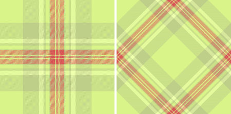 Two abstract tartan patterns in shades of fresh green with coral lines. A classic fabric design...