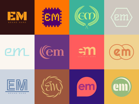 EM logo company template. Letter e and m logotype. Set different classic serif lettering and modern bold text with design elements. Initial font typography. Collection trendy business identity.のイラスト素材