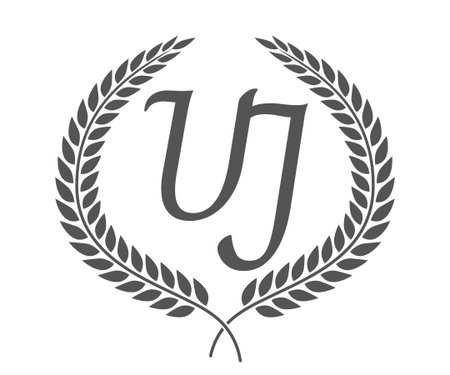Initial letter U and J, UJ monogram logo design with laurel wreath. Luxury emblem with calligraphy font.のイラスト素材