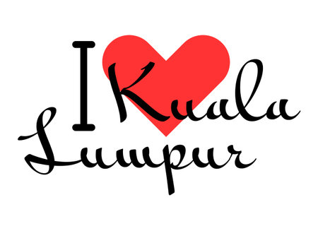 I love Kuala Lumpur, city of Malaysia. Hand drawn letters with red heart. Vector illustration lettering, modern design for print t shirt, banner, poster, sticker or label.のイラスト素材