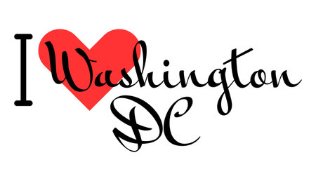 I love Washington DC, city of United States. Hand drawn letters with red heart. Vector illustration lettering, modern design for print t shirt, banner, poster, sticker or label.のイラスト素材