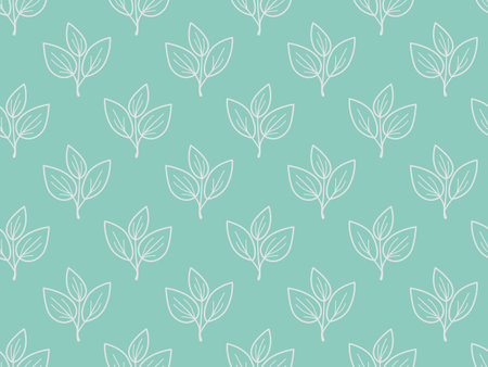 Elegant seamless pattern featuring delicate white leaf sprigs on a soft teal background. Perfect for textile design, wallpaper, packaging, or website backgrounds.のイラスト素材