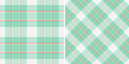 Two seamless plaid patterns, pastel green and peach on white. Classic, versatile textile design for backgrounds, apparel, branding, and creative projects.のイラスト素材