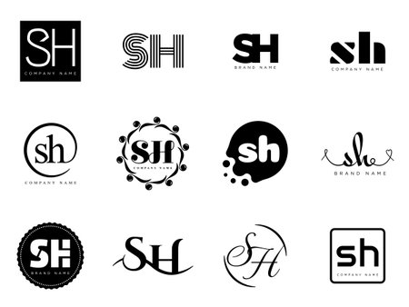 SH logo company template. Letter s and h logotype. Set different classic serif lettering and modern bold text with design elements. Initial font typography. Collection trendy business identity.のイラスト素材