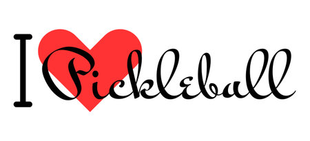 I love Pickleball. Hand drawn letters with red heart. Sport vector illustration, lettering in modern design for print t shirt, banner, poster, sticker or label.のイラスト素材