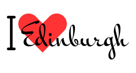 I love Edinburgh, city of United Kingdom. Hand drawn letters with red heart. Vector illustration lettering, modern design for print t shirt, banner, poster, sticker or label.のイラスト素材