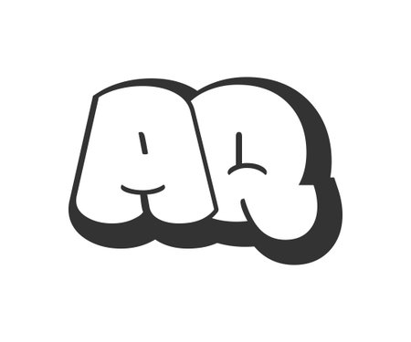 AQ logo, bubble comic lettering, rounded in graffiti style black and white silhouette. Trendy preschool A and Q letter text for festival party, personal initials, children funky print and web. Vector illustration.のイラスト素材