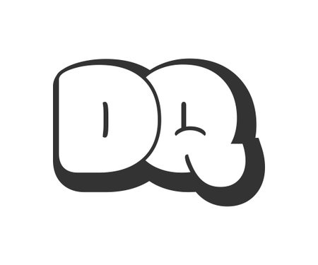 DQ logo, bubble comic lettering, rounded in graffiti style black and white silhouette. Trendy preschool D and Q letter text for festival party, personal initials, children funky print and web. Vector illustration.のイラスト素材