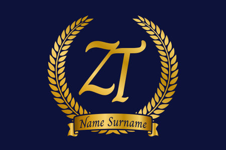 Initial letter Z and T, ZT monogram logo design with laurel wreath. Luxury golden emblem with calligraphy font.のイラスト素材