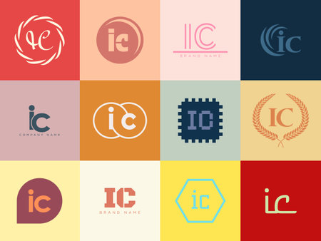 IC logo company template. Letter i and c logotype. Set different classic serif lettering and modern bold text with design elements. Initial font typography. Collection trendy business identity.のイラスト素材