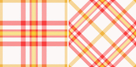 Two seamless, plaid patterns evoke warmth. Orange, yellow red hues offer a cheerful, modern aesthetic. Ideal for textiles, backgrounds creative projects.のイラスト素材