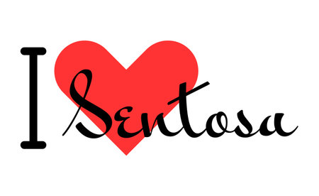 I love Sentosa, city of Singapore. Hand drawn letters with red heart. Vector illustration lettering, modern design for print t shirt, banner, poster, sticker or label.のイラスト素材