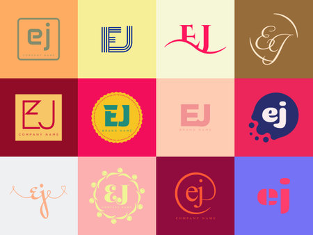 EJ logo company template. Letter e and j logotype. Set different classic serif lettering and modern bold text with design elements. Initial font typography. Collection trendy business identity.のイラスト素材