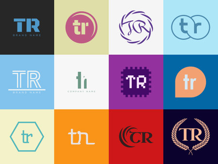 TR logo company template. Letter t and r logotype. Set different classic serif lettering and modern bold text with design elements. Initial font typography. Collection trendy business identity.のイラスト素材