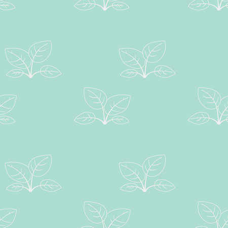 Elegant seamless pattern of minimalist white leaves on a soft aqua background. Perfect for textile design, wallpaper, packaging, or website backgrounds.のイラスト素材