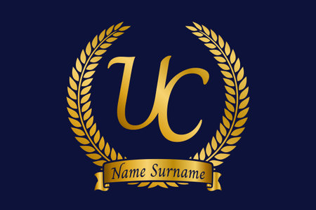 Initial letter U and C, UC monogram logo design with laurel wreath. Luxury golden emblem with calligraphy font.のイラスト素材