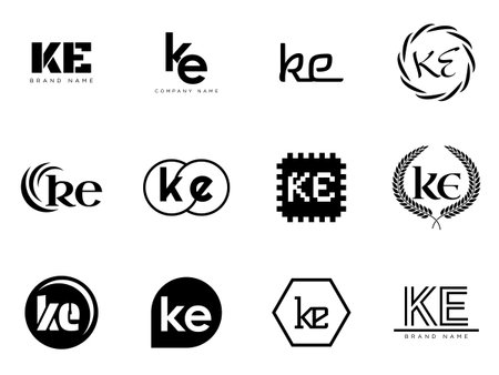 KE logo company template. Letter k and e logotype. Set different classic serif lettering and modern bold text with design elements. Initial font typography. Collection trendy business identity.のイラスト素材