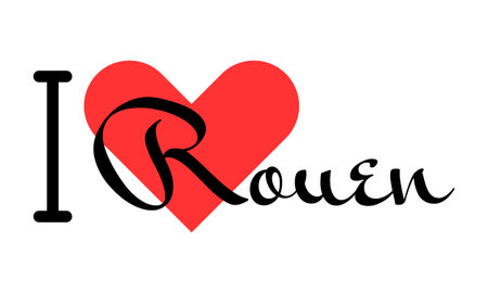 I love Rouen, city of France. Hand drawn letters with red heart. Vector illustration lettering, modern design for print t shirt, banner, poster, sticker or label.のイラスト素材