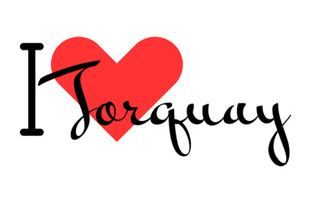 I love Torquay, city of United Kingdom. Hand drawn letters with red heart. Vector illustration lettering, modern design for print t shirt, banner, poster, sticker or label.のイラスト素材