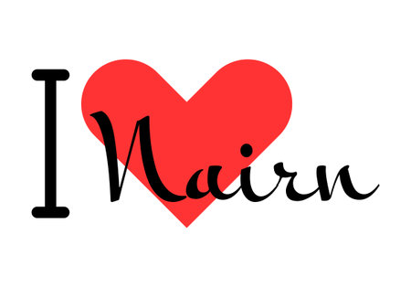 I love Nairn, city of United Kingdom. Hand drawn letters with red heart. Vector illustration lettering, modern design for print t shirt, banner, poster, sticker or label.のイラスト素材