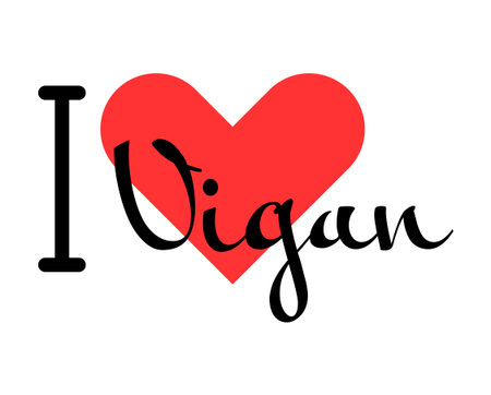 I love Vigan, city of Philippines. Hand drawn letters with red heart. Vector illustration lettering, modern design for print t shirt, banner, poster, sticker or label.のイラスト素材