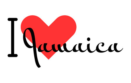 I love Jamaica. Hand drawn letters with red heart. Vector illustration, lettering in modern design for print t shirt, banner, poster, sticker or label.のイラスト素材