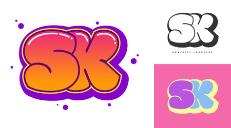 SK logo design for festival or party. Initial letter s and k in graffiti style. Creative modern lettering company name of font typography. Kids trendy logotype or identity. Vector illustration.のイラスト素材