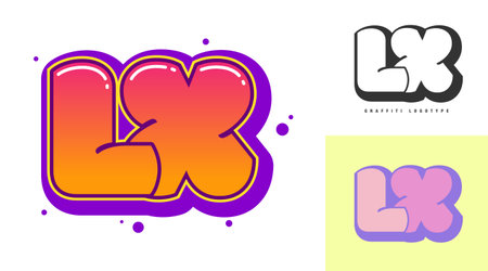 LX logo design for festival or party. Initial letter l and x in graffiti style. Creative modern lettering company name of font typography. Kids trendy logotype or identity. Vector illustration.のイラスト素材
