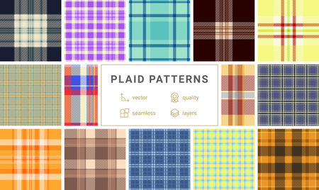 Classic plaid bundle for multipurpose female clothing use. Versatile tartan patterns fit dresses, skirts, blouses, and accessories. Vector consistency ensures quality.のイラスト素材
