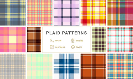 Plaid bundle designed for birthday stationery. The pack includes coordinated tartan patterns ready for greeting cards, banners, and party prints. Vector files scale perfectly.のイラスト素材