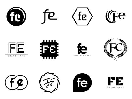 FE logo company template. Letter f and e logotype. Set different classic serif lettering and modern bold text with design elements. Initial font typography. Collection trendy business identity.のイラスト素材