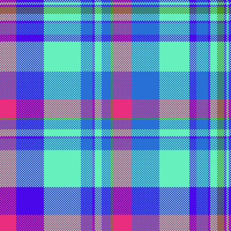 Discover a vibrant pixel art tartan pattern with bold cyan, magenta, and blue. This digital textile...
