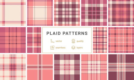 This elegant pink and beige plaid pattern features a classic twill texture. A seamless geometric...