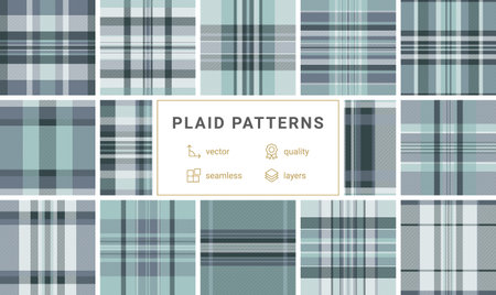 Sophisticated blue and grey plaid tartan pattern with clean diagonal lines. Ideal for textile designs, professional apparel, and classic backgrounds that evoke timeless style and quality.のイラスト素材