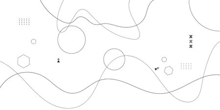 A minimalist, modern abstract background featuring flowing, wavy lines and various geometric shapes like circles, hexagons, and triangles.の写真素材