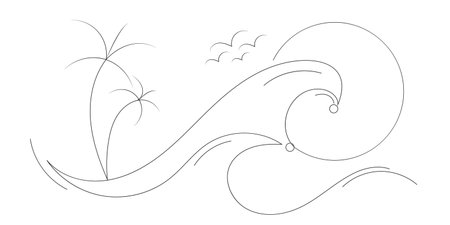 A stylized, black and white graphic featuring a large, dynamic wave cresting, with palm trees subtly incorporated.の写真素材