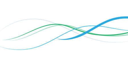 A minimalist abstract design featuring intertwined, flowing blue and green lines against a white background.の写真素材