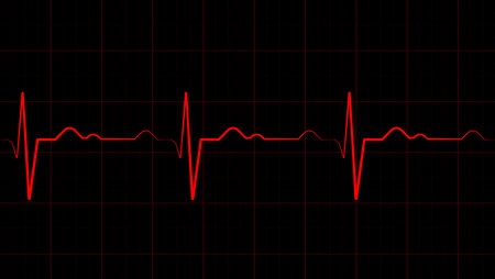 Dramatic red heartbeat EKG line pulses across a dark grid, visualizing vital signs and medical...